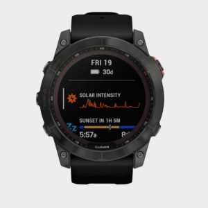 Garmin fenix 7X Solar, Larger sized adventure smartwatch, with Solar Charging Capabilities, rugged outdoor watch with GPS, touchscreen, health and wellness features, slate gray with black band